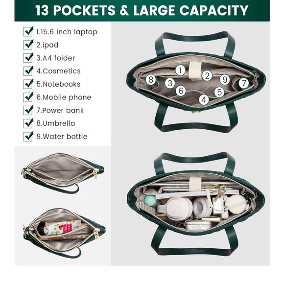 SOLD LOVEVOOK Green Quilted Tote Bag With Wristlet - Picture 2 of 10